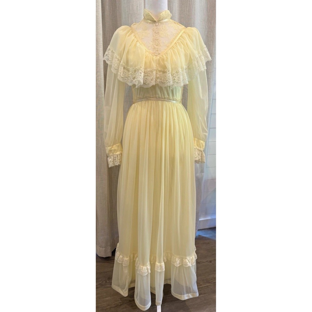 Vintage 70s Yellow Chiffon Prairie Maxi Dress Lace Victorian ILGWU Vtg 7/8 -XS/S